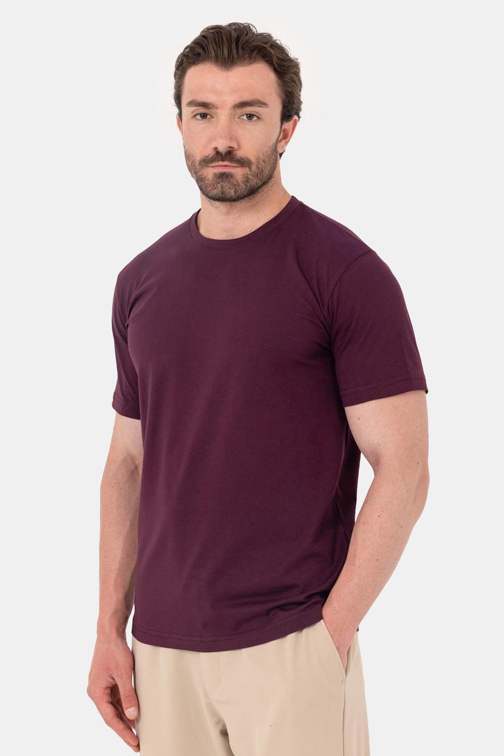 Bordo %100 Pamuk Bisiklet Yaka Düz Renk Basic T-Shirt