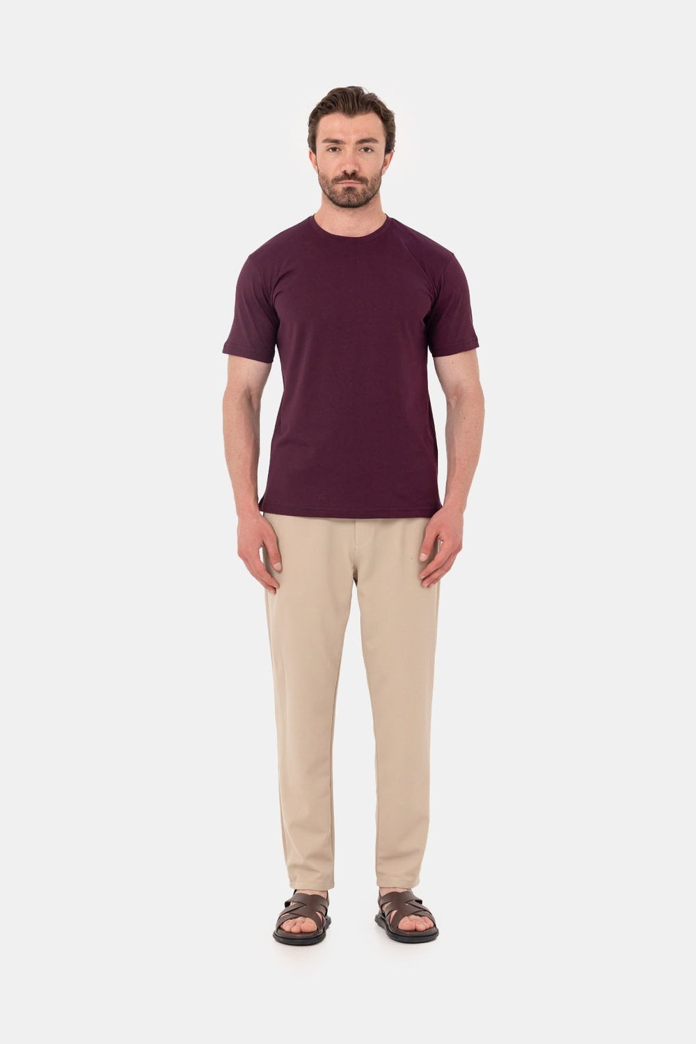 Bordo %100 Pamuk Bisiklet Yaka Düz Renk Basic T-Shirt