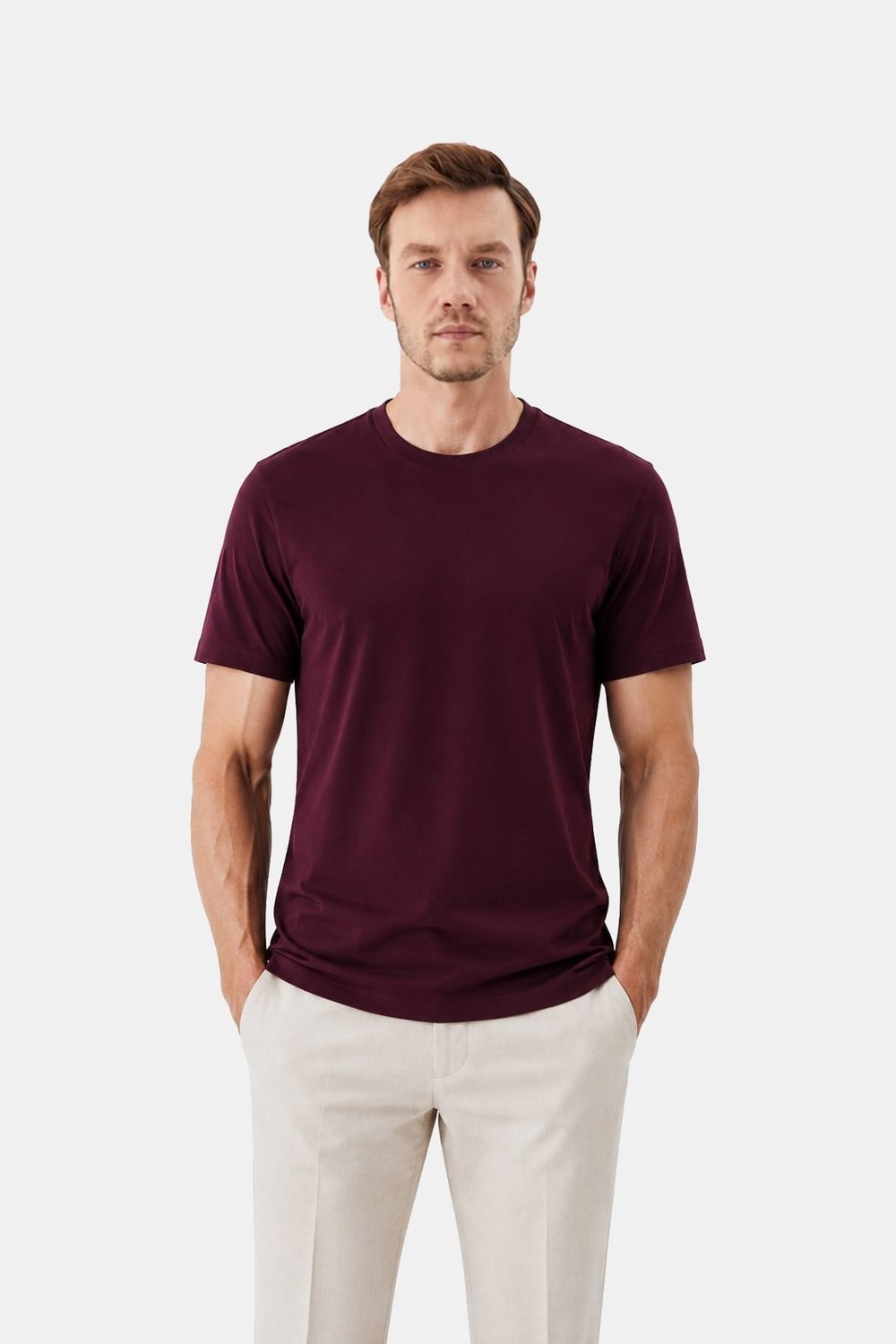 Bordo %100 Pamuk Regular Fit Bisiklet Yaka Basic T-shirt