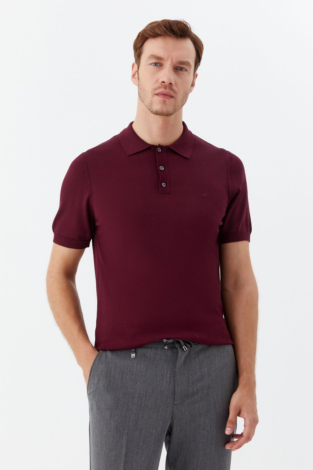 Bordo Regular Fit Göğüs Nakış Detaylı Polo Yaka Triko T-shirt