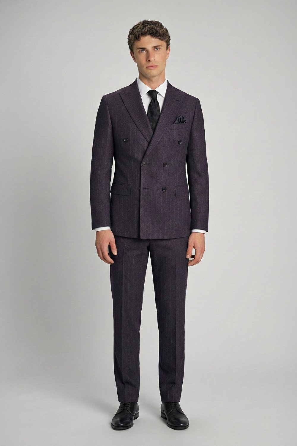 Giotelli Bordo Slim Fit Çizgili Sivri Yaka 6 Drop Duble Paça Tam Astarlı Erkek Takım Elbise RM