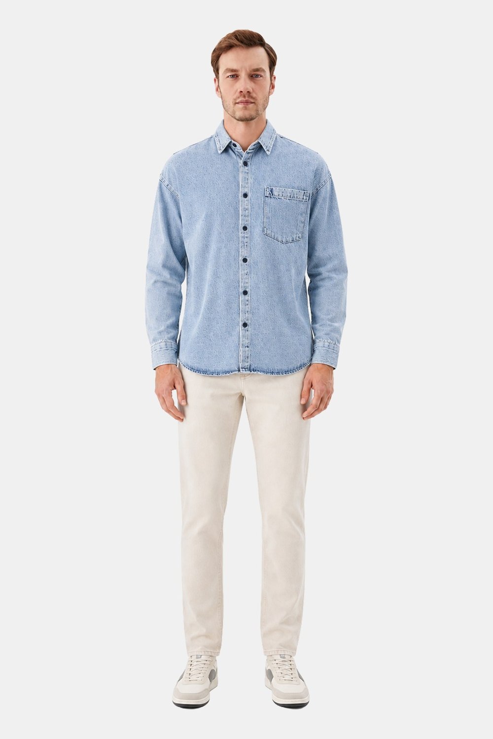 Buz Mavisi Regular Fit Pamuk Cepli Uzun Kollu Denim Ceket Gömlek