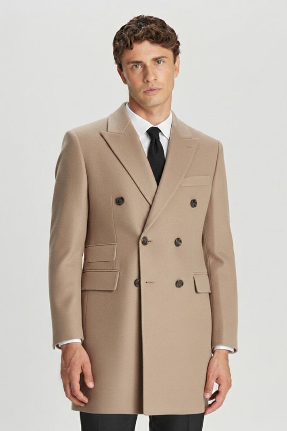 Giotelli Camel Slim Fit Yün Karışımlı Sivri Yaka Kruvaze 6 Drop Orta Boy Erkek Palto