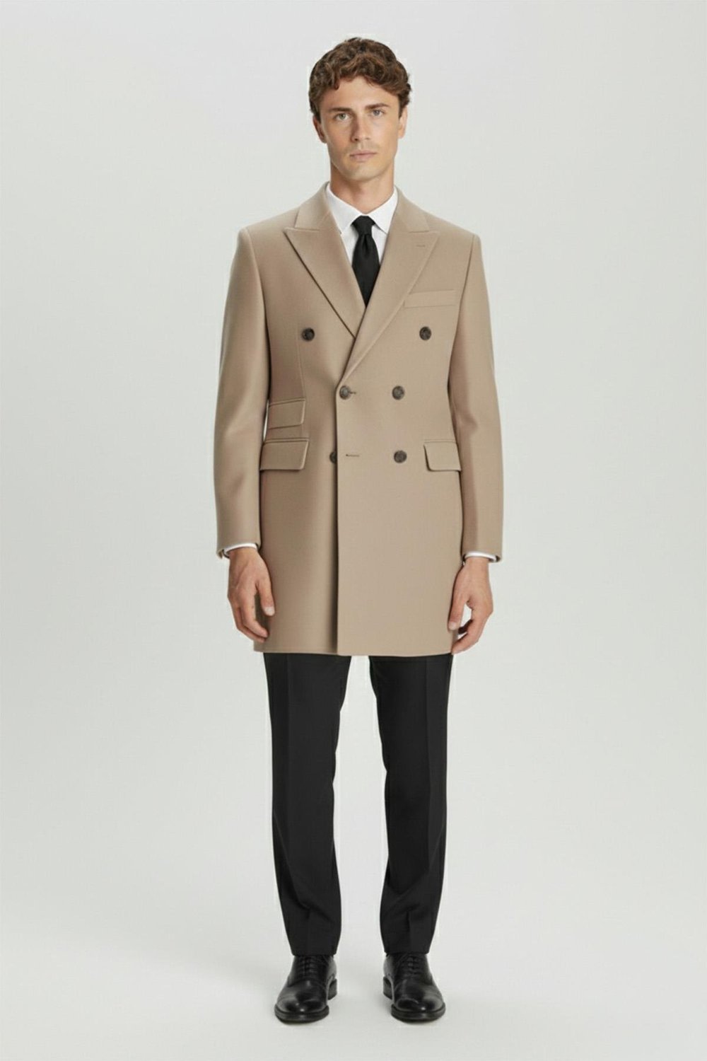 Giotelli Camel Slim Fit Yün Karışımlı Sivri Yaka Kruvaze 6 Drop Orta Boy Erkek Palto