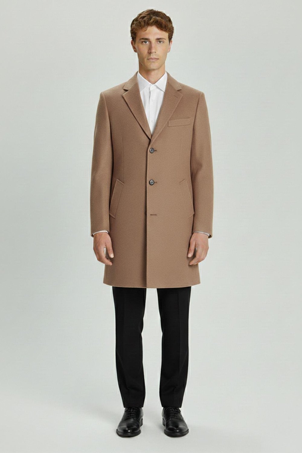Giotelli Camel Regular Fit Yün Karışımlı Ceket Yaka Orta Boy Erkek Palto