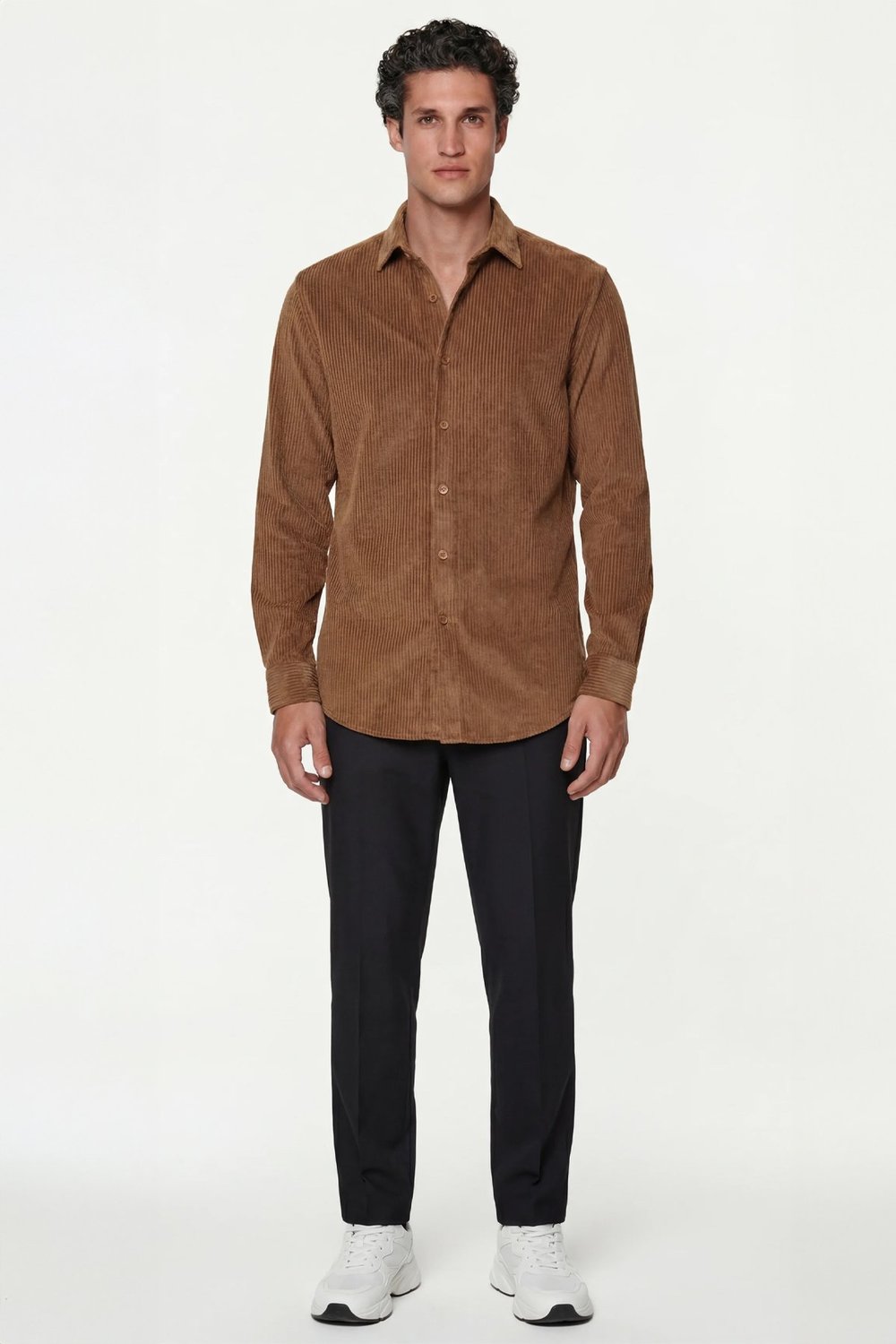 Camel Comfort Fit Pamuklu Fitilli Kadife Uzun Kollu Polo Yaka Erkek Gömlek