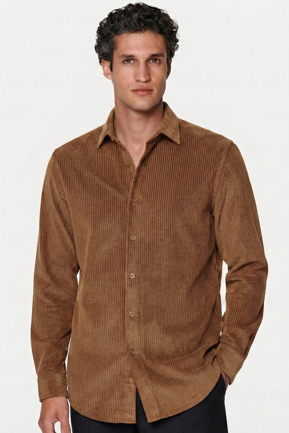 Camel Comfort Fit Pamuklu Fitilli Kadife Uzun Kollu Polo Yaka Erkek Gömlek