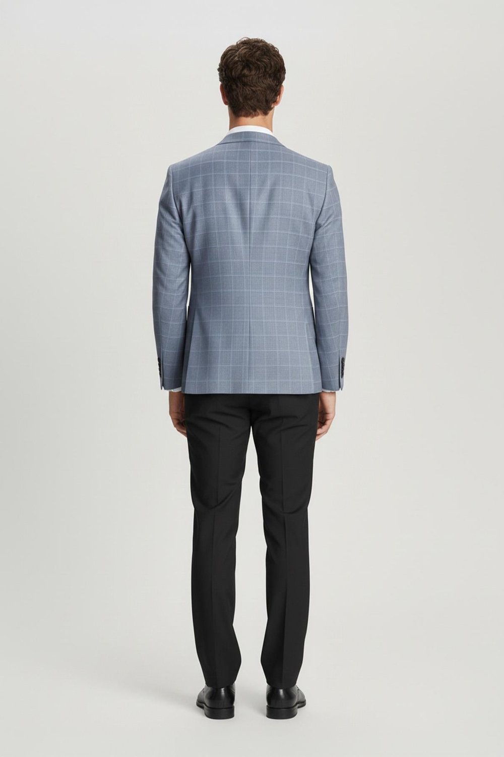 Erkek Mavi Dar Kesim Slim Fit Pamuklu Ekose Çift Yırtmaçlı Torba Cep Mono Yaka 6 Drop Ceket