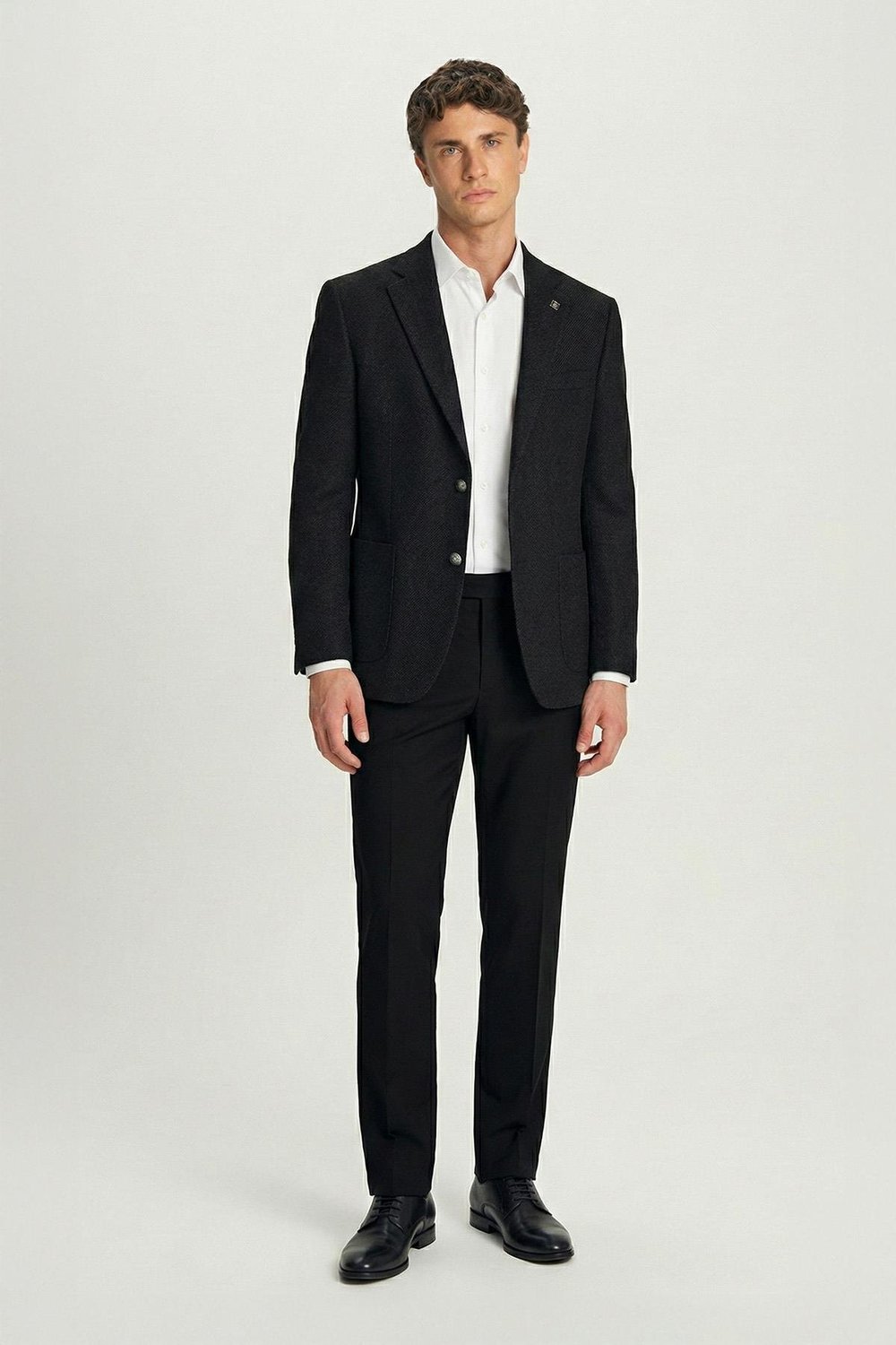 Siyah Slim Fit Yün Karışımlı Mono Yaka Desenli Erkek Ceket