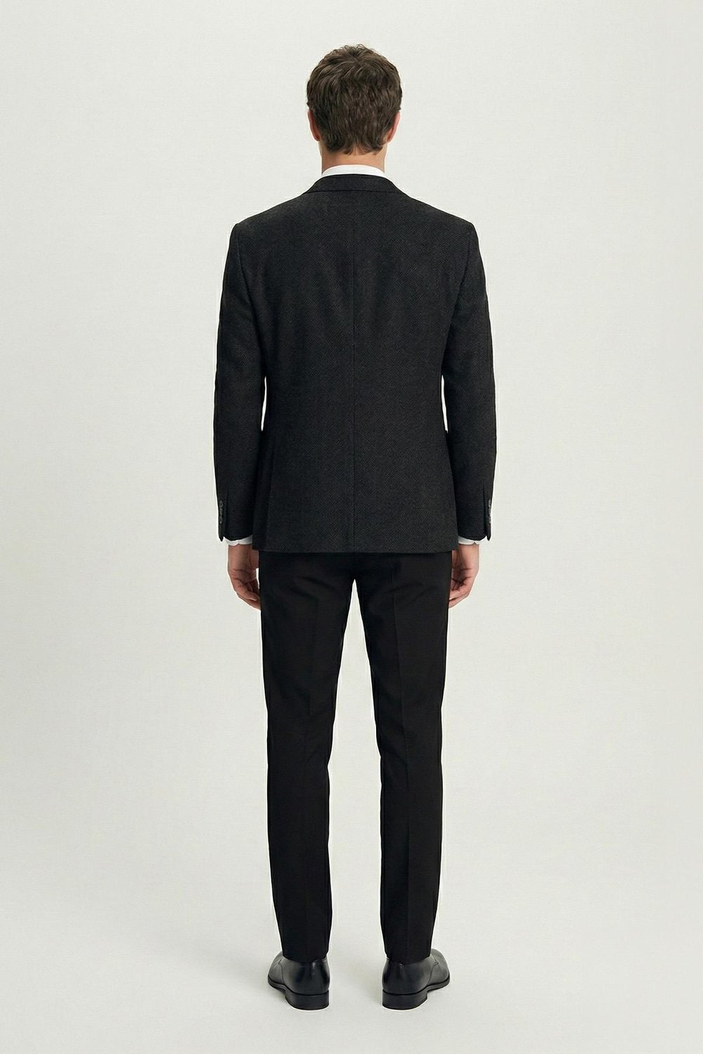 Siyah Slim Fit Yün Karışımlı Mono Yaka Desenli Erkek Ceket