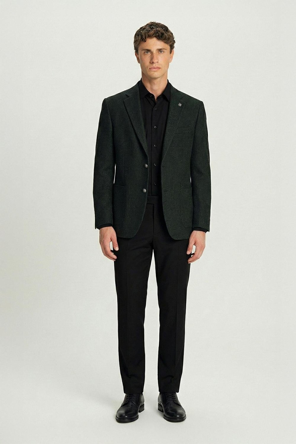 Yeşil Slim Fit Yün Karışımlı Mono Yaka Desenli Erkek Ceket