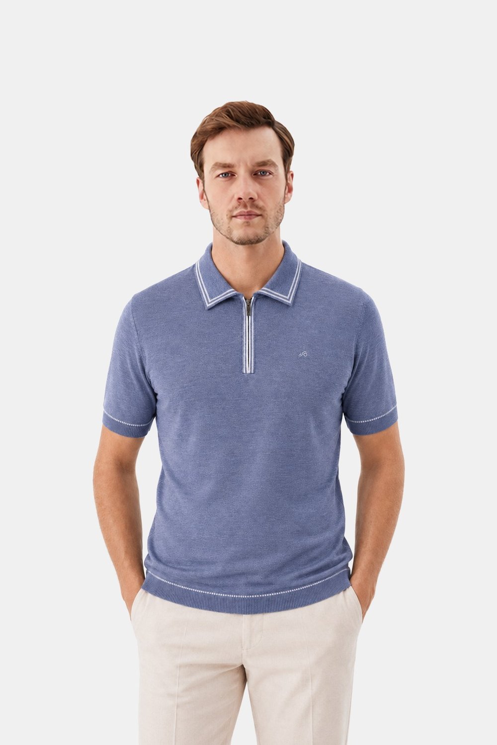 Çelik %100 Pamuk Fermuarlı Polo Yaka Triko T-Shirt
