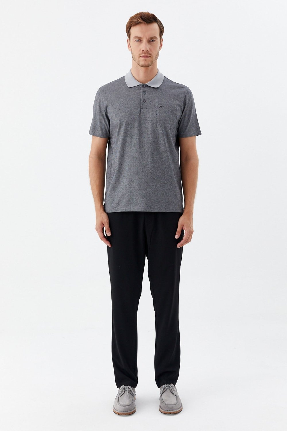 Siyah %100 Pamuk Regular Fit Jakar Desenli Cepli Polo Yaka T-shirt