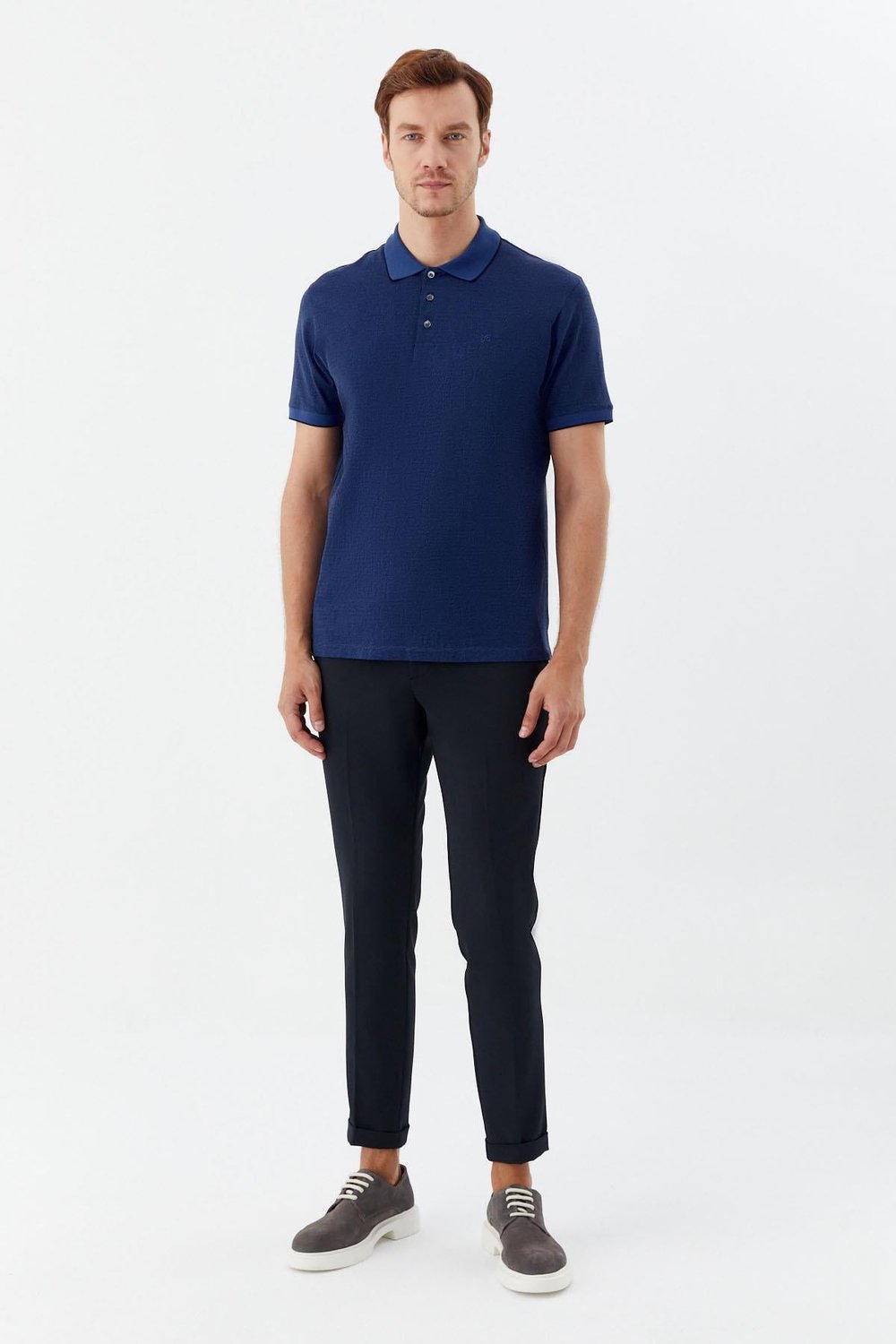 Düğmeli Polo Yaka Desenli Erkek T-Shirt İndigo