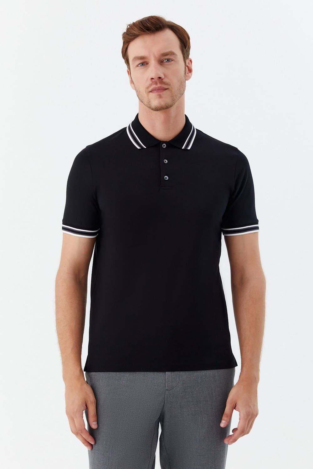 Siyah Slim Fit %100 Pamuk Düğmeli Polo Yaka T-shirt