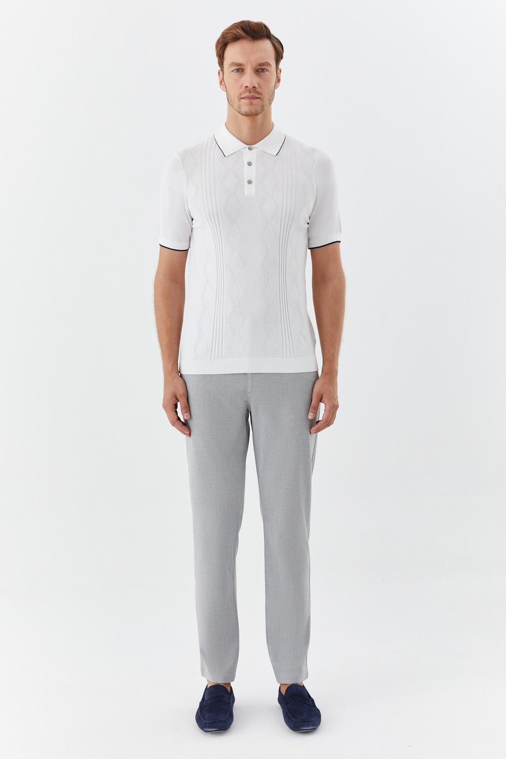 Erkek Ekru Düz Triko Polo Yaka Regular Fit Tişört