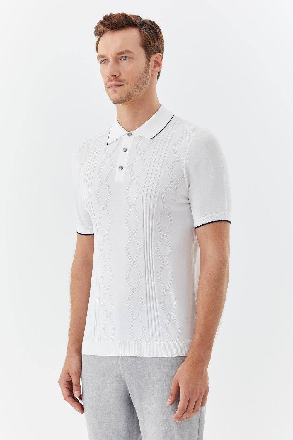 Erkek Ekru Düz Triko Polo Yaka Regular Fit Tişört