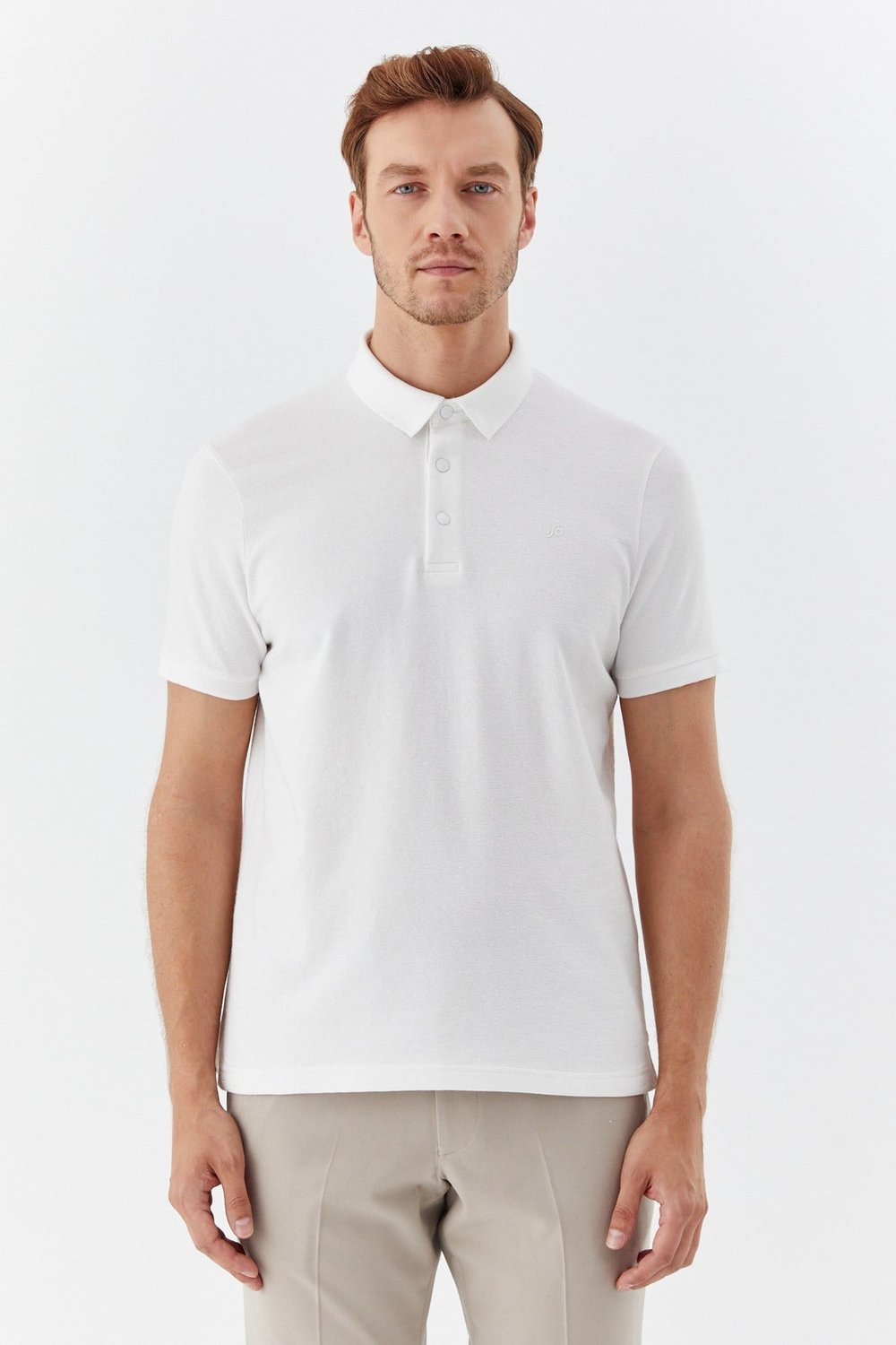 Ekru 100% Pamuk Çıtçıt Kapama Polo Yaka Kısa Kollu T-shirt