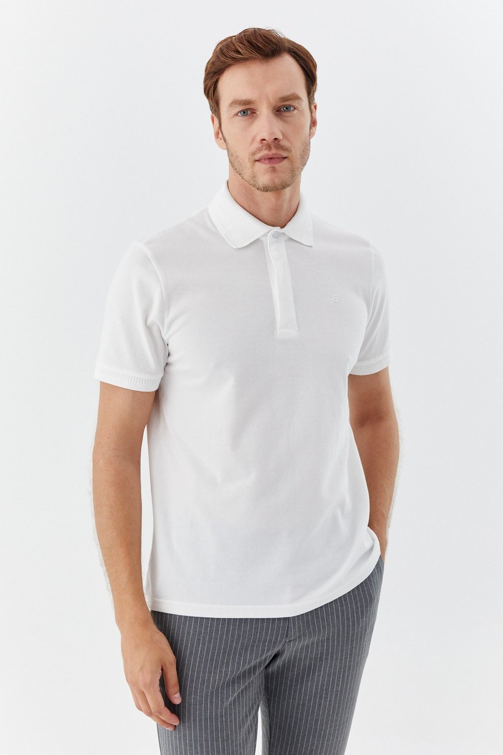 Ekru %100 Pamuk Gizli Fermuarlı Polo Yaka T-shirt 