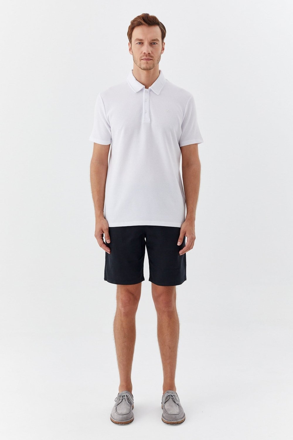 Ekru Piti Kare Desenli Pamuklu Polo Yaka T-shirt