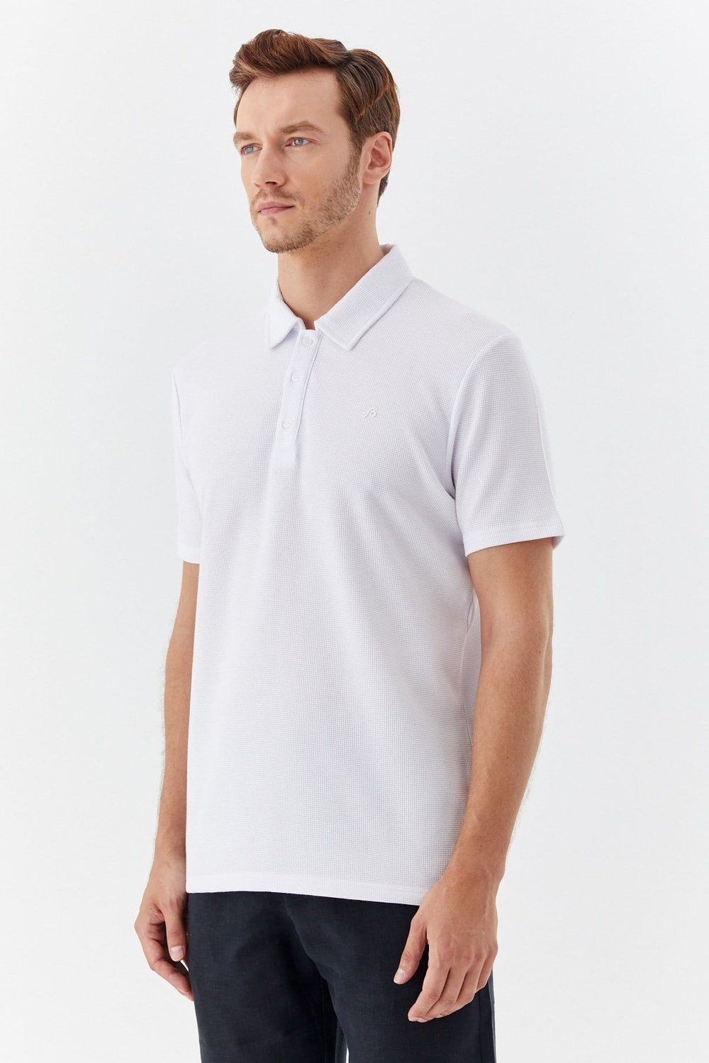 Ekru Piti Kare Desenli Pamuklu Polo Yaka T-shirt