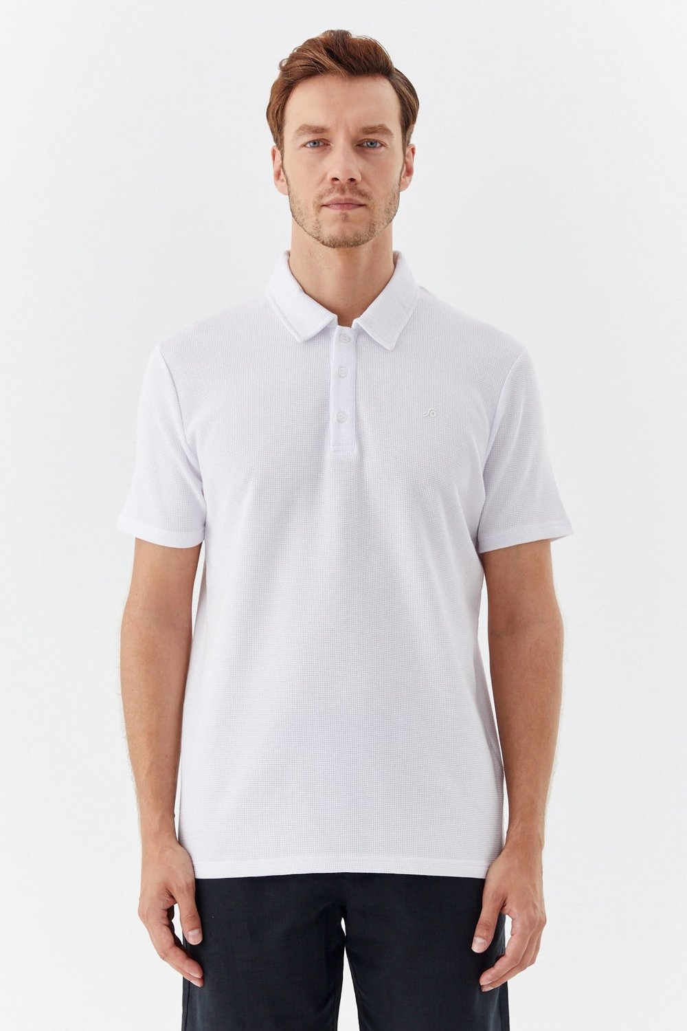 Ekru Piti Kare Desenli Pamuklu Polo Yaka T-shirt