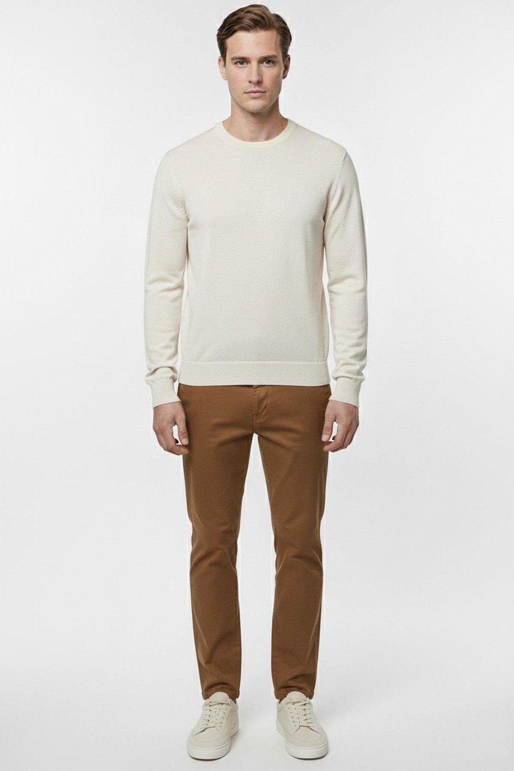 Ekru Regular Fit Pamuklu Bisiklet Yaka Erkek Triko Kazak