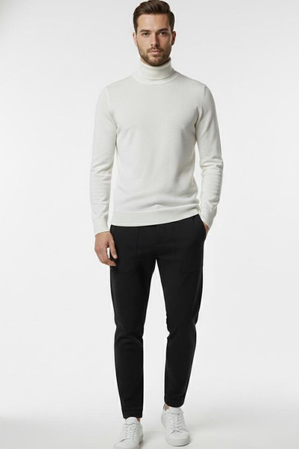 Ekru Regular Fit Pamuklu Yarım Balıkçı Yaka Erkek Triko Kazak