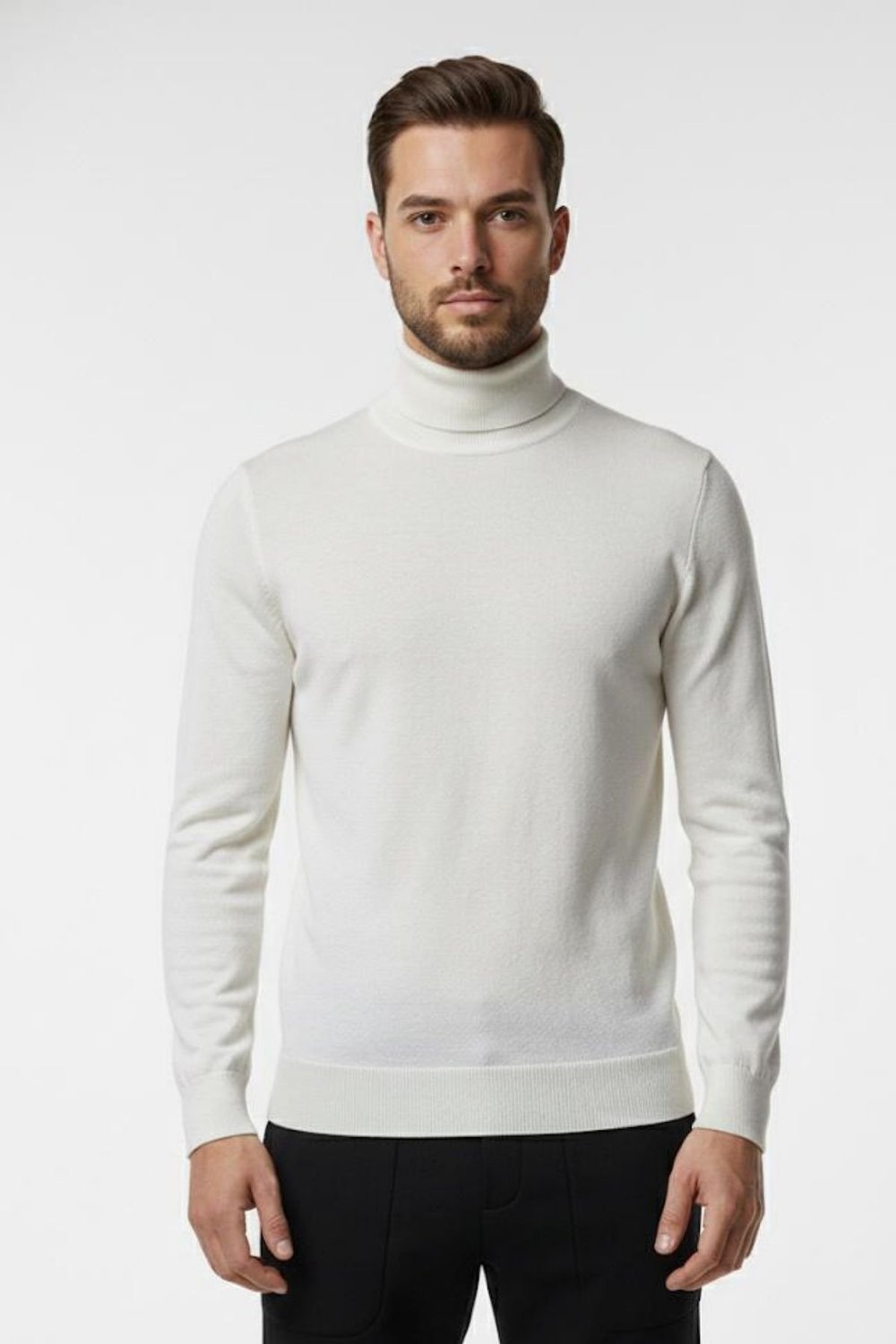 Ekru Regular Fit Pamuklu Yarım Balıkçı Yaka Erkek Triko Kazak