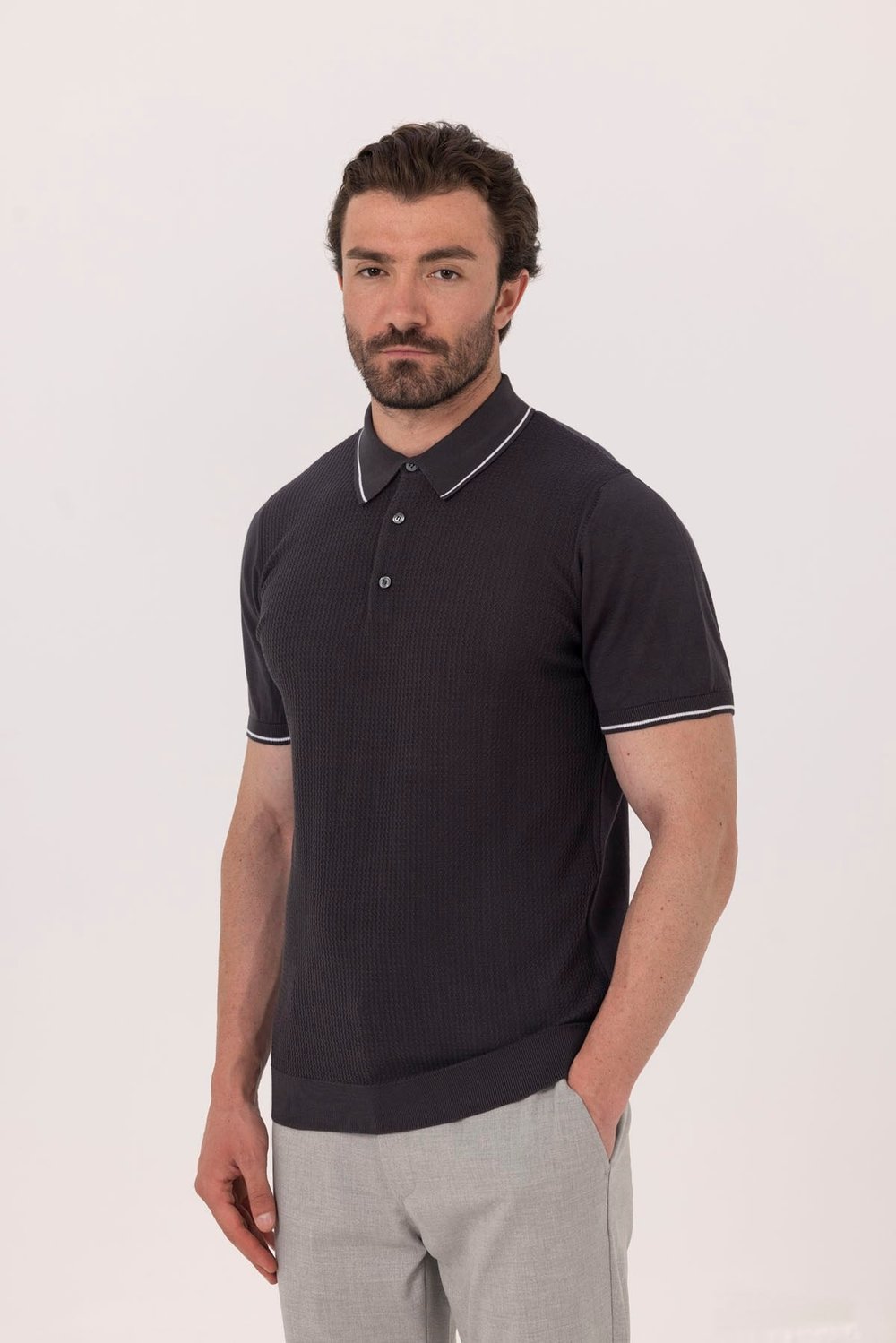 Antrasit Slim Fit %100 Pamuk Jakarlı Polo Yaka Triko T-shirt