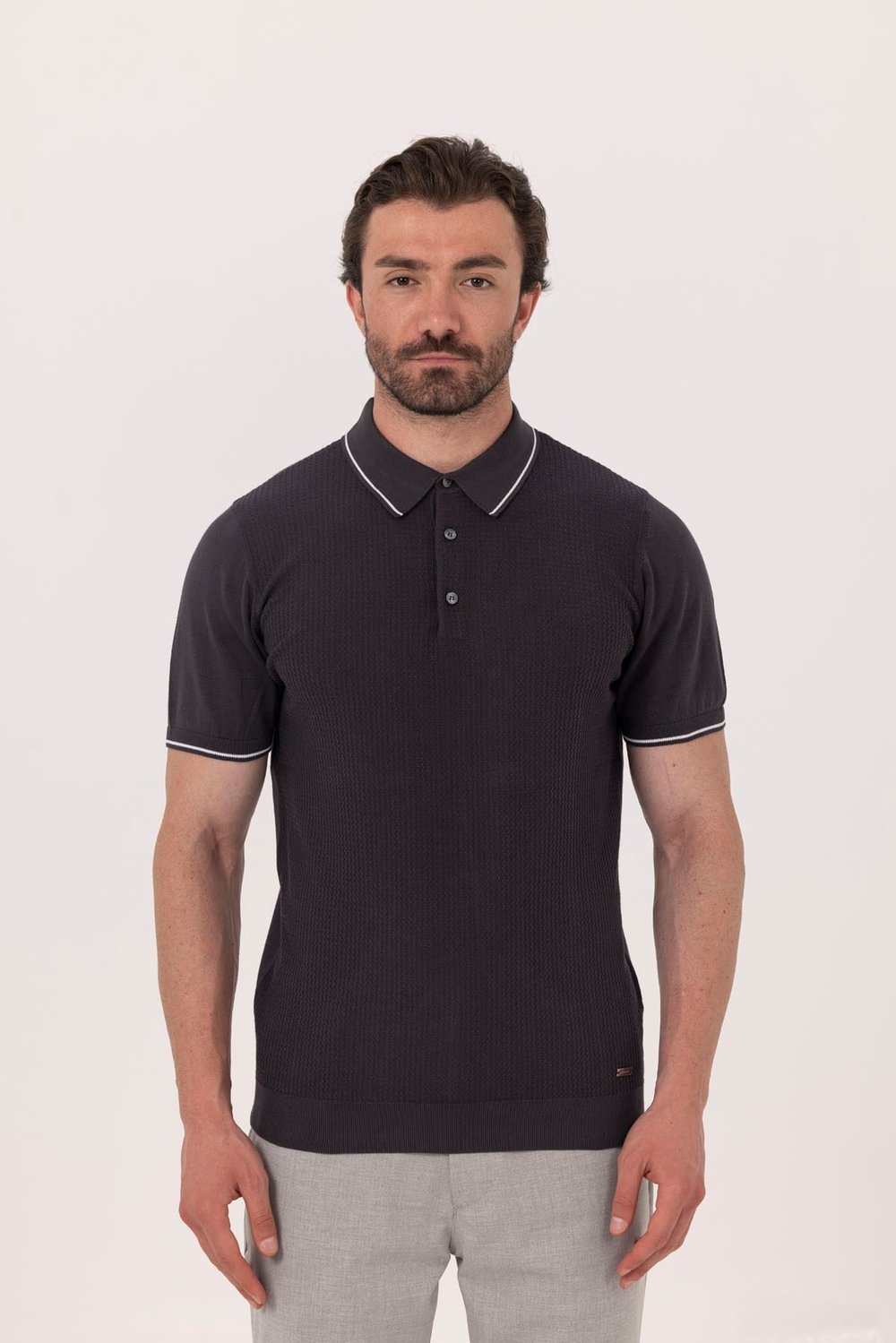 Antrasit Slim Fit %100 Pamuk Jakarlı Polo Yaka Triko T-shirt