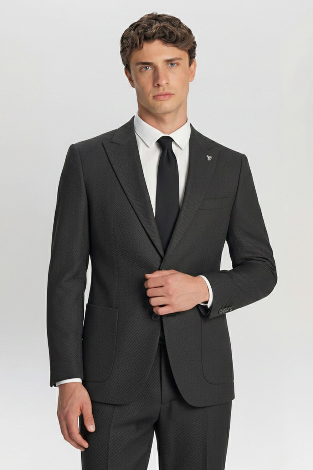 Erkek Antrasit Slim Fit Sivri Yaka Diyagonal Desenli 6 Drop Tam Astarlı Takım Elbise