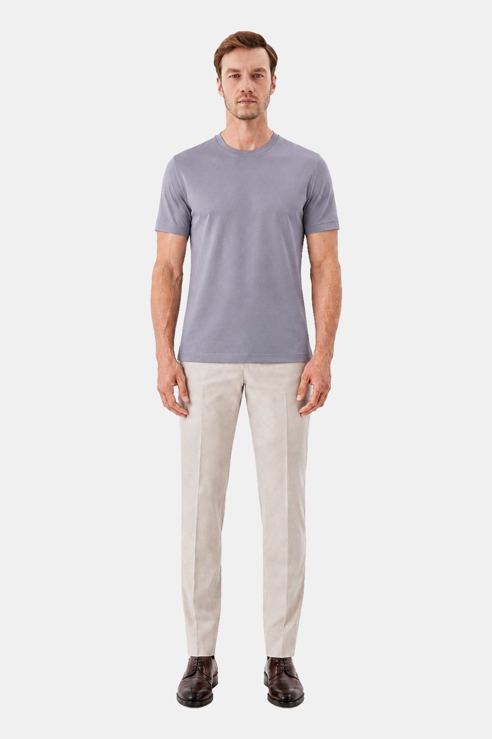 Erkek Bej Normal Kesim Regular Fit %100 Pamuk Dokuma Bisiklet Yaka Basic T-Shirt