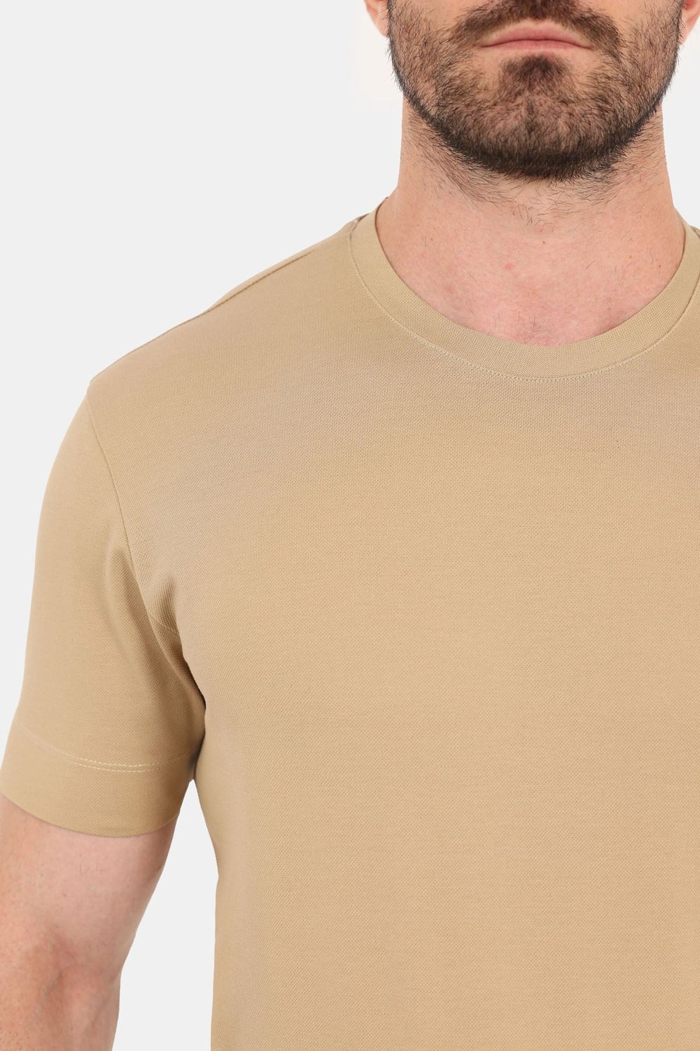 Erkek Bej Normal Kesim Regular Fit %100 Pamuk Dokuma Bisiklet Yaka Basic T-Shirt