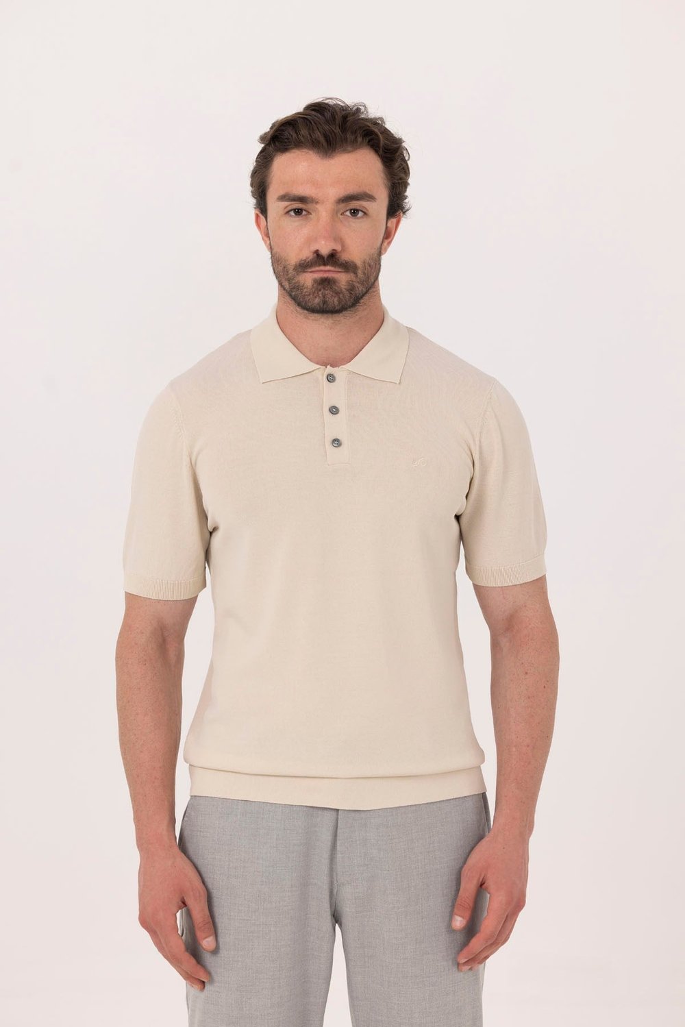 Bej Regular Fit Göğüs Nakış Detaylı Polo Yaka Triko T-shirt