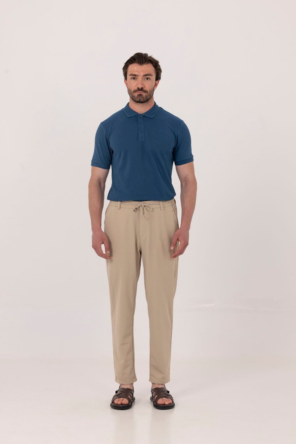 Bej Dokulu Arka Lastikli Köprü Kemerli Bağcıklı Slim Fit Jogger Pantolon
