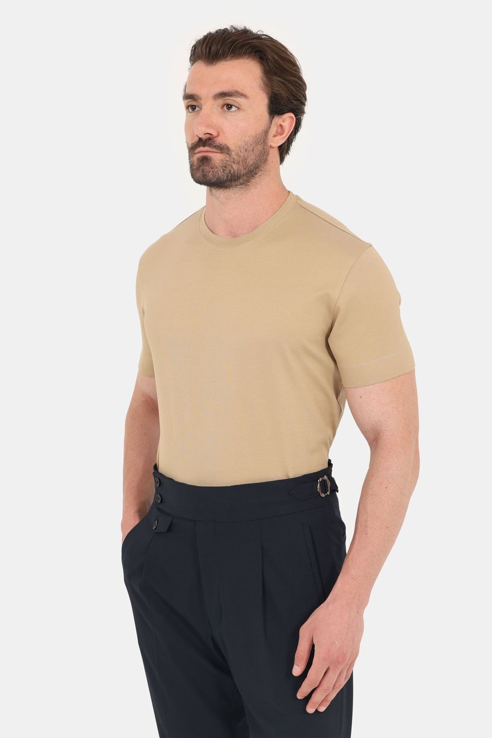 Erkek Bej Normal Kesim Regular Fit %100 Pamuk Dokuma Bisiklet Yaka Basic T-Shirt