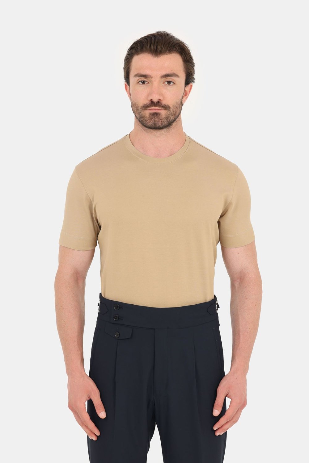 Erkek Bej Normal Kesim Regular Fit %100 Pamuk Dokuma Bisiklet Yaka Basic T-Shirt