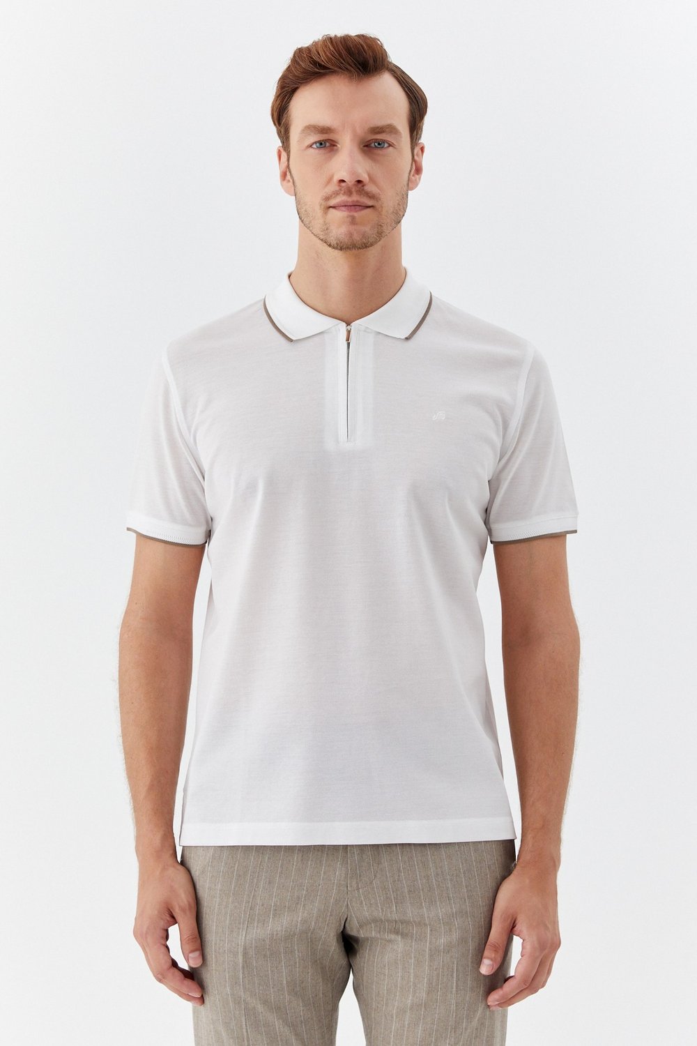 Beyaz Regular Fit %100 Pamuk Fermuarlı Polo Yaka T-shirt