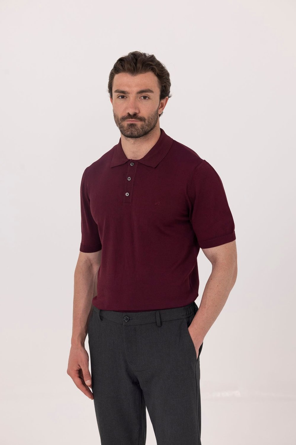Bordo Regular Fit Göğüs Nakış Detaylı Polo Yaka Triko T-shirt