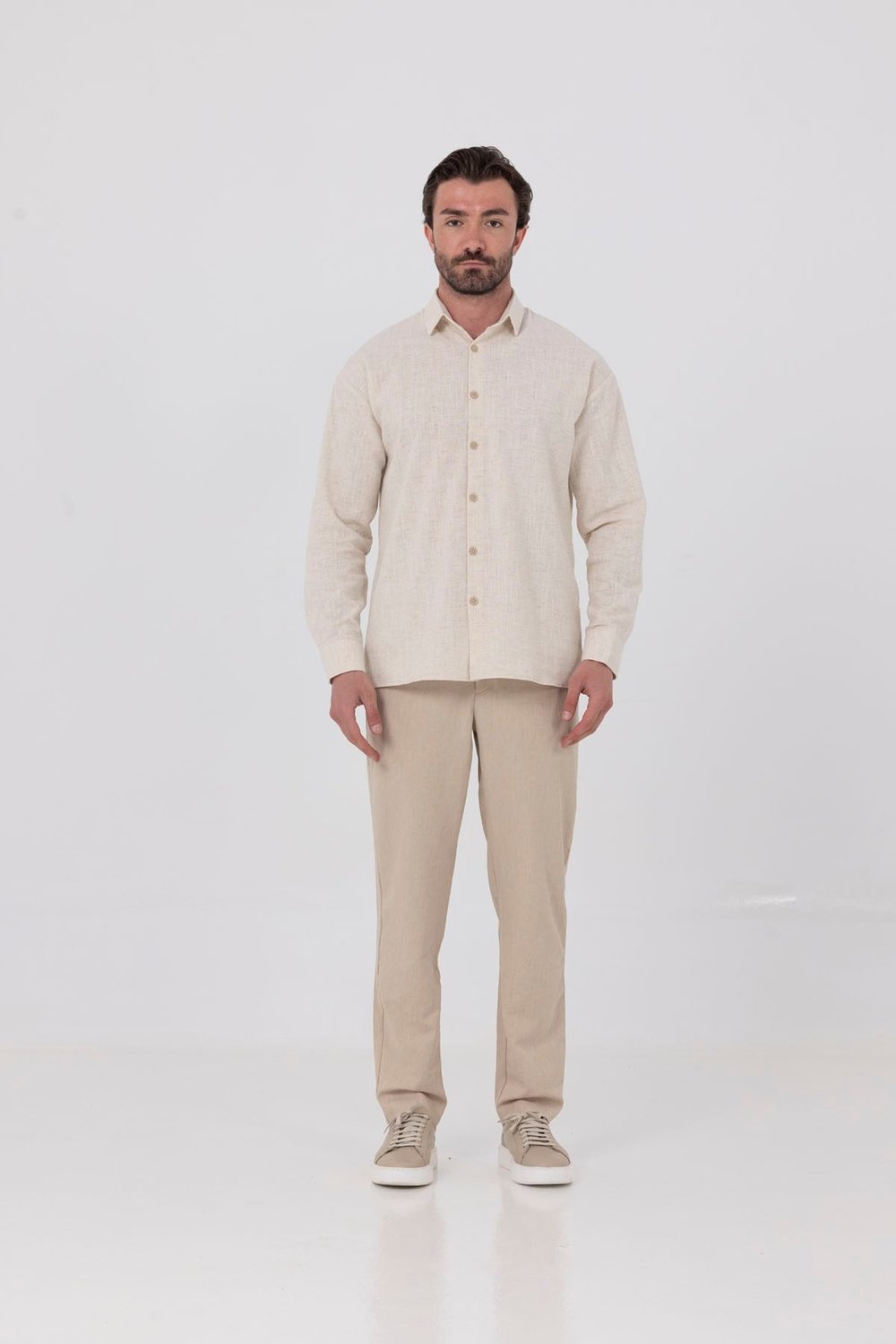 Ekru Regular Fit Keten Görünümlü %100 Pamuk Gömlek