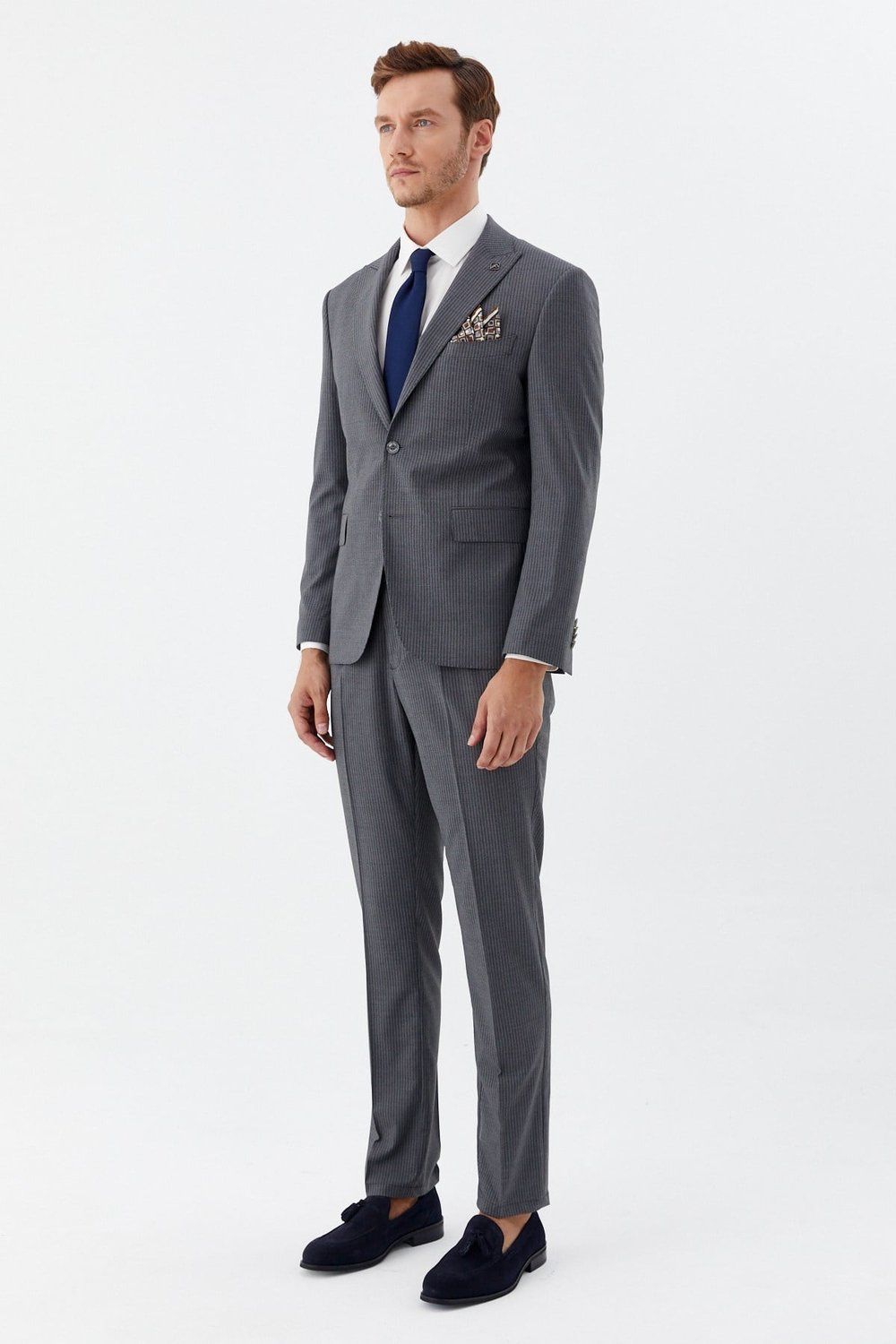 Gri Slim Fit Yünlü Dokuma Normal Bel 6 Drop Takım Elbise