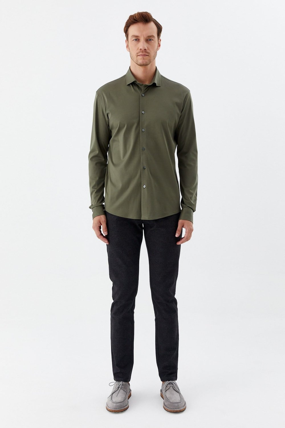Erkek Haki Dar Kesim Slim Fit %100 Pamuk Düz Dokuma Klasik Yaka Gömlek