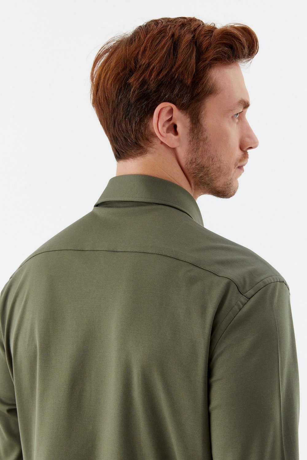 Erkek Haki Dar Kesim Slim Fit %100 Pamuk Düz Dokuma Klasik Yaka Gömlek