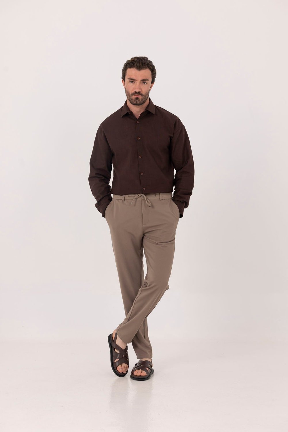 Kahve Regular Fit Keten Görünümlü %100 Pamuk Gömlek
