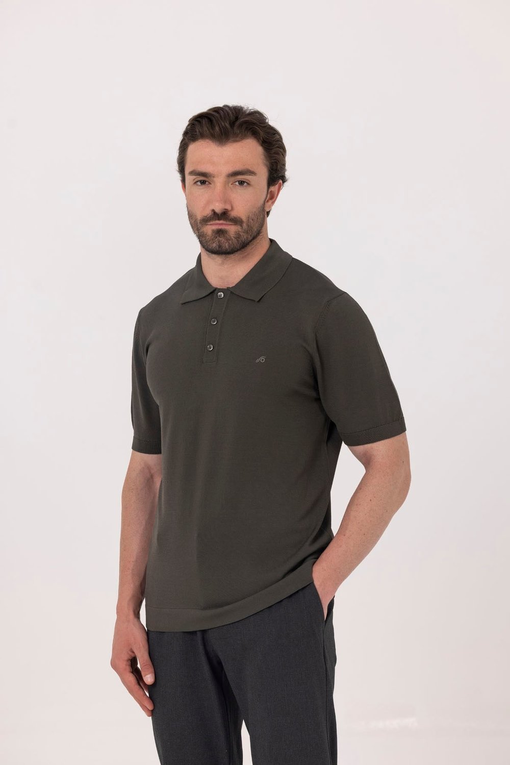 Koyu Yeşil Regular Fit Göğüs Nakış Detaylı Polo Yaka Triko T-shirt