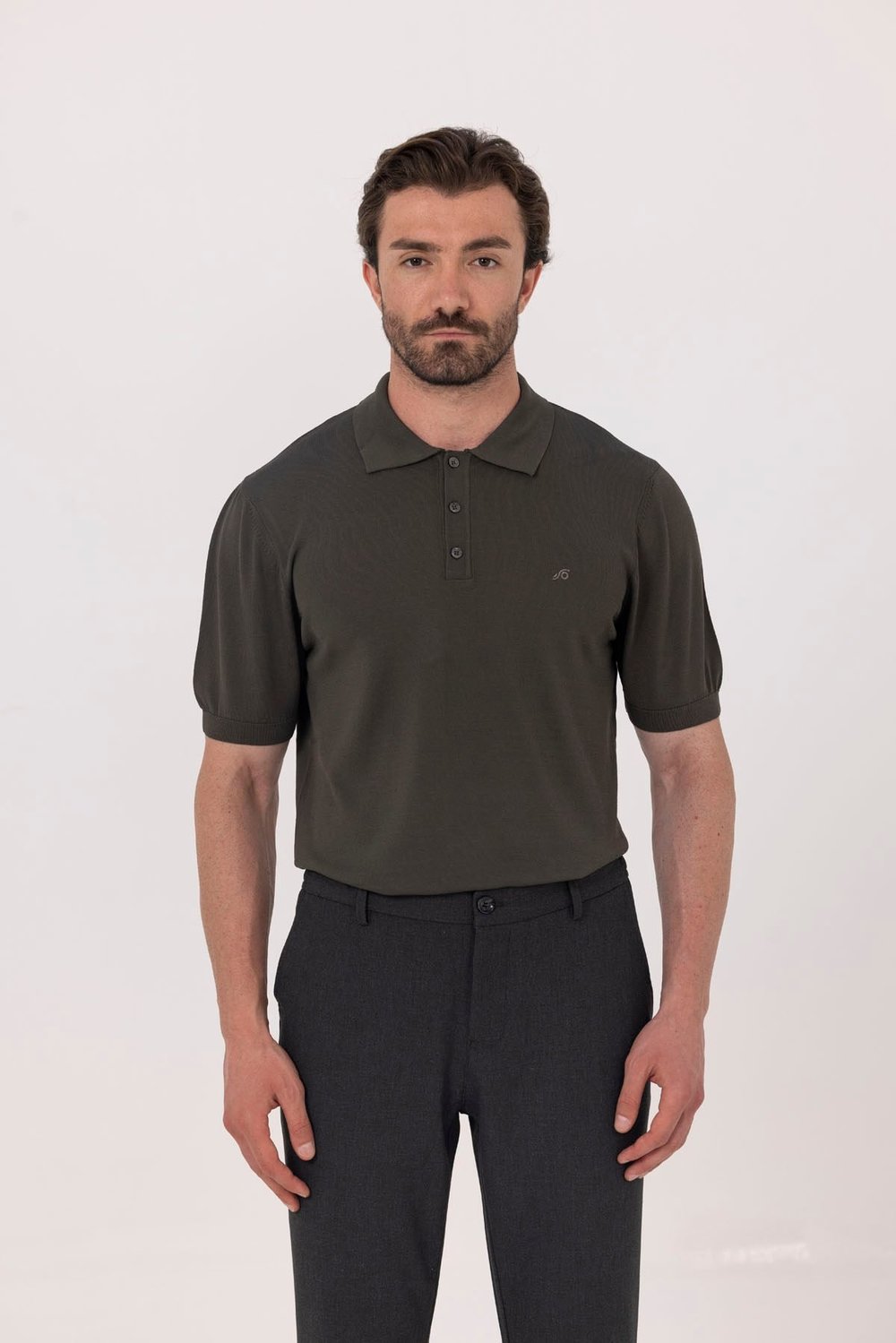 Koyu Yeşil Regular Fit Göğüs Nakış Detaylı Polo Yaka Triko T-shirt