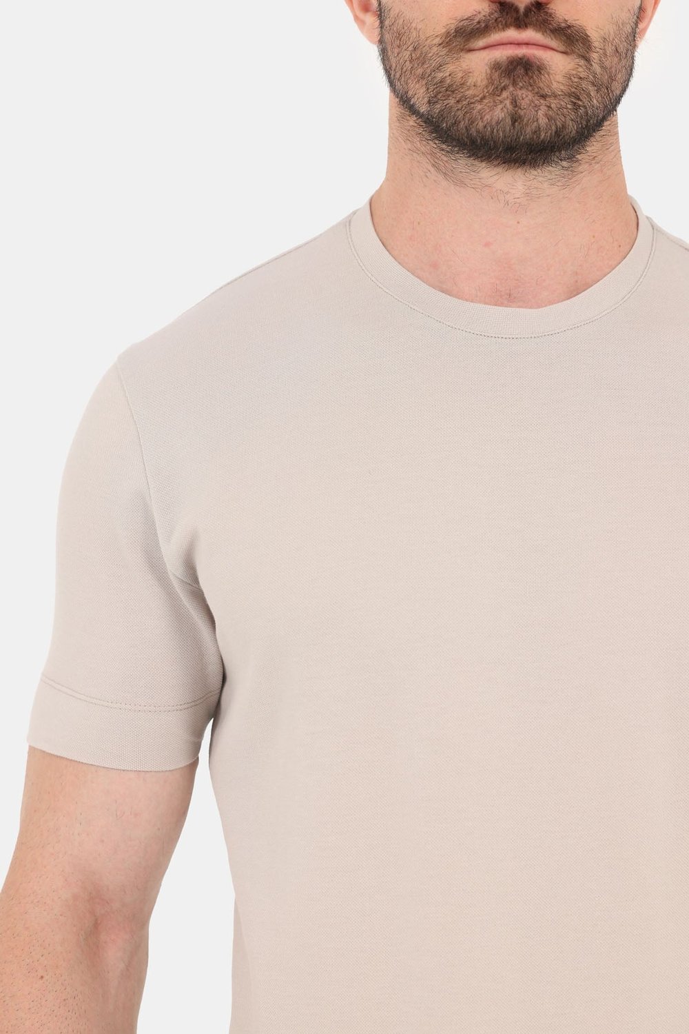 Erkek Krem Normal Kesim Regular Fit %100 Pamuk Dokuma Bisiklet Yaka Basic T-Shirt