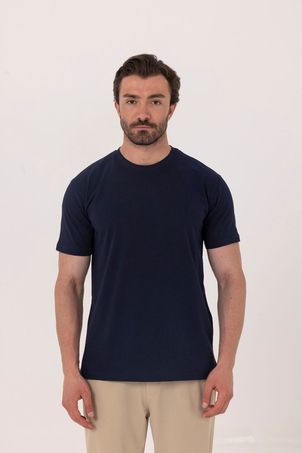Lacivert %100 Pamuk Bisiklet Yaka Düz Renk Basic T-Shirt