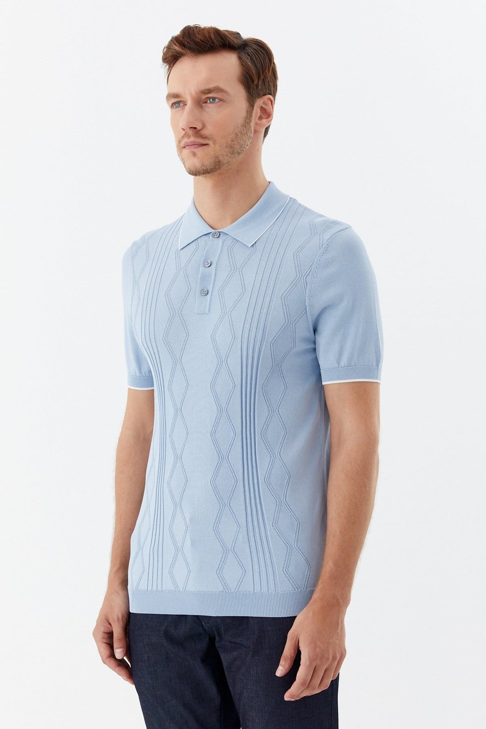 Erkek Mavi Normal Kesim Regular Fit Pamuklu Triko Düğmeli Polo Yaka Tişört